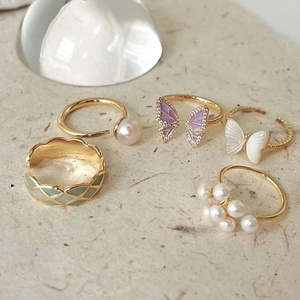 Butterfly Artificial Pearl Adjustable Rings Set Copper Enamel Zircon Shell Flower Design Vintage Style For Women Elegant Jewelry