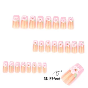 3D pink floral press-on nails with gradient pink to orange finish and 3D petal relief
