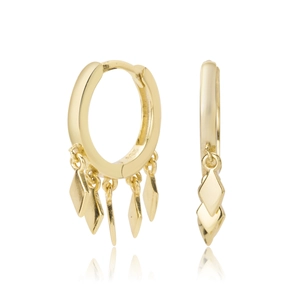 Close-up of gold S925 sterling silver hoop earrings with rhombus fringe pendant