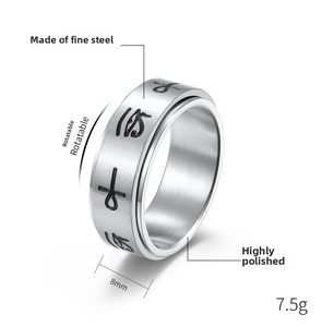Detailed view of 8mm rotating stainless steel ring with ancient Ankh symbols and engraving