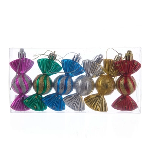 Set of 6 glittery plastic candy Christmas ornaments in assorted vibrant colors with box