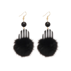 Vintage round resin earrings with black fur pom pom and striped oval pendant