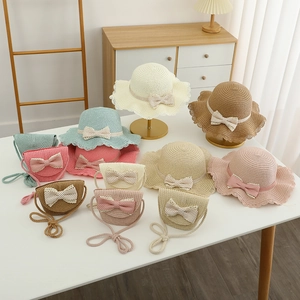 Kids straw hat and bag set with polka dot bows in five colors for summer sun protection