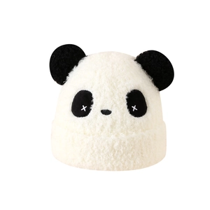 Bonnet en peluche panda pour enfants avec doublure épaisse et visage de panda brodé
