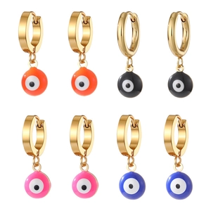 Set of four stainless steel evil eye hoop earrings in orange, black, pink and blue enamel
