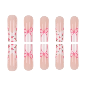 Pink coffin press-on nails featuring rose flower patterns and 3D ribbon bow designs