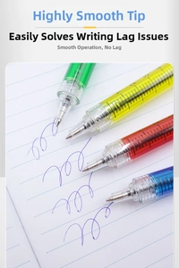 Detail showing colorful syringe-shaped pens writing smooth purple ink on a notebook