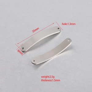 Polished stainless steel 6x35mm curved rectangle pendants with dual holes and dimensions