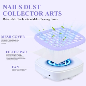 Mini portable nail dust collector with purple mesh cover and 10 reusable filters