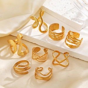 Stainless Steel Ring 18K Gold Plated Geometric Cross Lines Adjustable Open Finger Ring Fashion Hip Hop Jewelry For Women