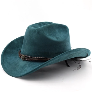 Dark green suede cowboy hat with braided leather band and vintage metal buckle detail