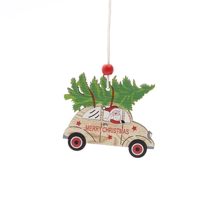 Wooden Christmas tree car pendant with Santa Claus and Merry Christmas engraving