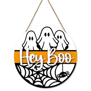 Halloween Hey Boo ghost wooden door sign with spider web and rope hanger for wall decor