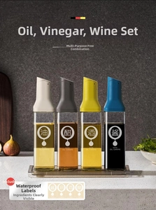 Detail view of 500ml glass condiment bottles with leak-proof caps and labels for kitchen storage