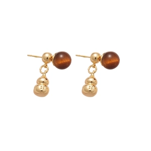 Vintage tiger eye stone gourd drop earrings with gold finish on white background