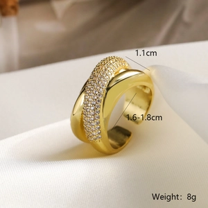 Detail of 18K gold plated crossover ring showing dimensions and zircon inlay textures