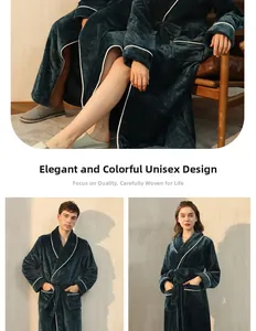 Detailed views of dark green flannel bathrobe with white trim and large pockets