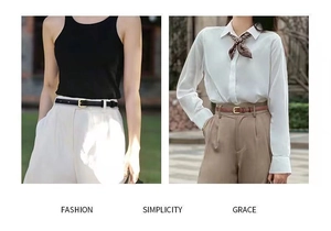Slim leather belt detail showing stylish daily wear styling and delicate metal buckle.