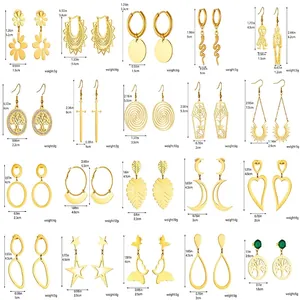 Gold-plated stainless steel geometric earrings set featuring flower and butterfly pendants