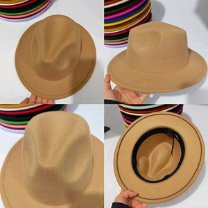 Detailed multi-angle views of a khaki felt fedora hat for children with flat brim