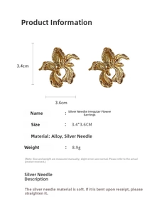 Detailed view of irregular flower stud earrings measuring 3.4 by 3.6 cm with silver needles