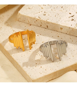 Detail view of geometric line rings in gold and silver finish on a stone base