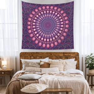 Bohemian purple mandala tapestry wall hanging for bedroom decor with intricate geometric patterns