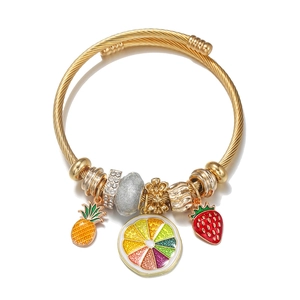 Gold cable wire bracelet with summer fruit charms including pineapple and strawberry