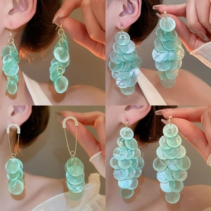 Silver needle round shell fringe earrings with mint green texture in multi-angle view