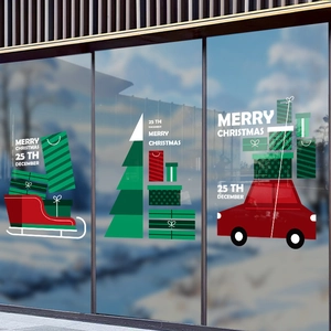 Festive red car and Christmas tree window stickers for holiday store decoration