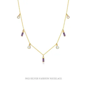 Geometric Square Colorful Cubic Zirconia Necklace 925 Sterling Silver Gold Plated Minimalist Clavicle Chain Jewelry