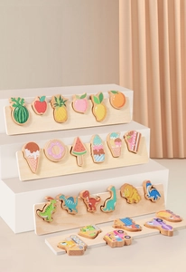 Detail of wooden puzzles for toddlers featuring fruits, dinosaurs, and vehicles