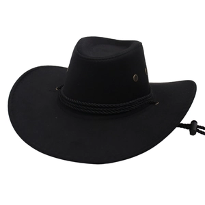 Classic black Western cowboy hat with curved brim and adjustable wind rope on white background
