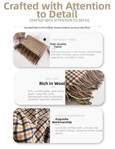 Detail of wool rich fabric texture and plaid pattern with fringe tassels for scarves