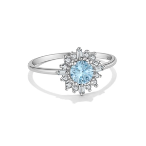 Bague en argent sterling S925 avec zircon bleu en forme de fleur et diamants