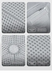 Detailed views of grey sandwich mesh cap featuring breathable holes and adjustable strap