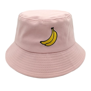Pink cotton bucket hat with yellow banana embroidery for outdoor fashion sun protection