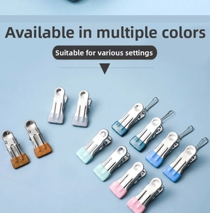 Detail of colorful non-slip stainless steel clothes pins with hooks in various macaron colors