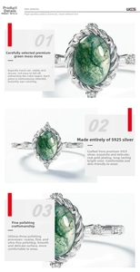 Detailed close-up of S925 silver ring with green moss agate and micro-set accents
