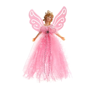 Detail of pink Christmas angel with lace wings, tulle dress, and pearl decorations