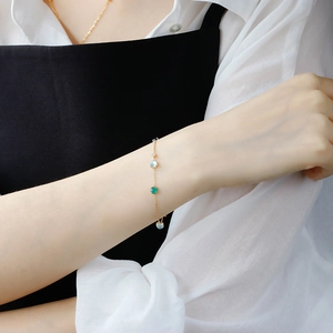 French vintage S925 silver 14k gold plated bracelet with green chalcedony and white shell