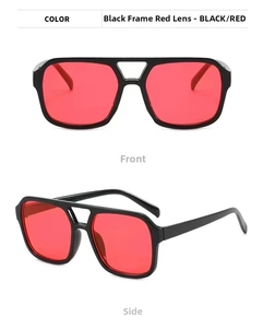 Detailed front and side views of double-bridge sunglasses with black frame and red lenses