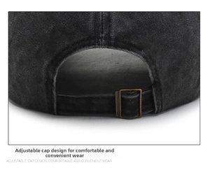 Detailed close-up of the adjustable bronze metal buckle on a washed denim baseball cap