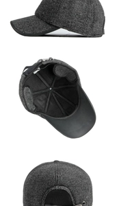 Detail of dark grey herringbone wool baseball cap with ear flaps and metal buckle