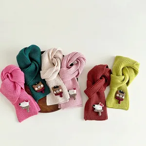 Kids Knitted Scarf Soft Warm Winter Neckwear Ribbed Knit Cartoon Bear Animal Patch For Toddler Boys Girls