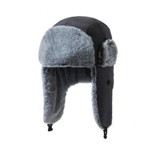 Winter windproof trapper hat in black and grey faux fur with warm ear flaps and buckle