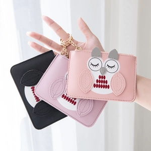 Cartoon Owl Coin Purse PU Leather Slim Mini Zipper Key Chain Ring For Women Girls Cute Animal Embroidery Wallet Pouch