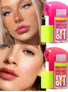 Glossy lip oil texture and brush detail showing Barbie Pink and Blood Rose shades
