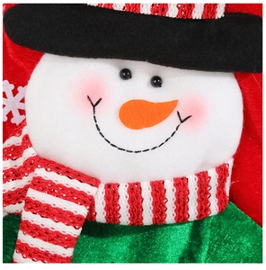 Close-up of plush Christmas stocking featuring a cute snowman with a 3D carrot nose