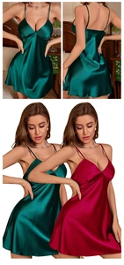 Detailed view of high-gloss satin straps and deep V-neckline in emerald and wine red